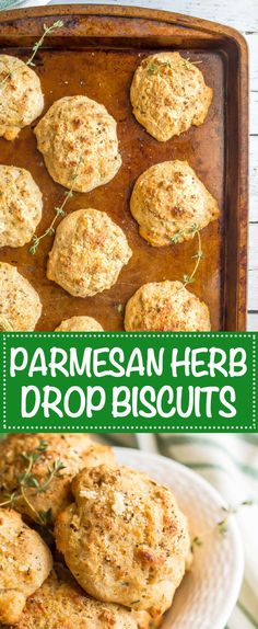 parmesan herb drop biscuits on a white plate with green border and text overlay that reads parmesan herb drop biscuits