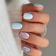 Glitter Blue French False Nail Short Square Press on Nails for Nail Art 24pcs | eBay Short Cute Nails Round, Short Nails For Wedding Guest, Pale Aqua Nails, Nails No Acrylic Short, Gel Lak Nails Ideas, Short Nails Square Design, Very Short Summer Nails, Blue Square Nail Designs, Short Nails One Color