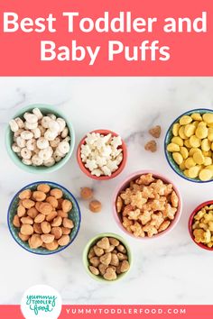 the best toddler and baby puffs are in small bowls on a marble countertop