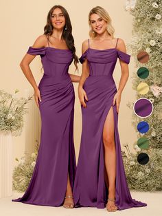 Make your bridal party unforgettable with this stunning Lavetir orchid bridesmaid dress. Designed with an elegant off-shoulder neckline and delicate spaghetti straps, this satin gown exudes sophistication and charm. The figure-flattering satin fabric flows gracefully into a floor-length silhouette, accentuated by a thigh-high slit for a modern, stylish touch. Perfect for weddings, formal events, or any special occasion, this dress ensures your bridesmaids feel beautiful and confident. Here is th Gold Satin Bridesmaid Dresses, Orchid Bridesmaid Dresses, Steel Blue Bridesmaid Dresses, Off Shoulder Bridesmaid, Dresses With Split, Off Shoulder Bridesmaid Dress, Plum Bridesmaid Dresses, Royal Blue Bridesmaid Dresses, Purple Bridesmaid Dress