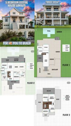 the floor plan for this house is shown in three different colors and sizes, including two levels