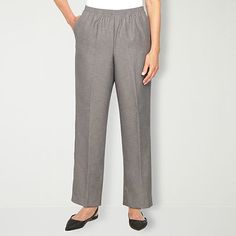 Alfred Dunner is known for their modern tailoring and style, and this pair of women's pants stay true to the brand's heritage. Made from a soft woven fabric in a relaxed-fit with straight legs, they have a comfortable elastic-waistband, a pleated front, and side pockets. Wear with a button-down or t-shirt and flat shoes.Front Style: Flat FrontFeatures: EssentialsClosure Type: Full ElasticFit: Relaxed FitPockets: 2 Side Slip PocketsRise: Mid RiseFiber Content: 100% PolyesterFabric Description: Wo Alfred Dunner Pants, Short Pant, Petite Shorts, Classic Pants, Womens Scrubs, Grey Outfit, Petite Pants, Alfred Dunner, Petite Women