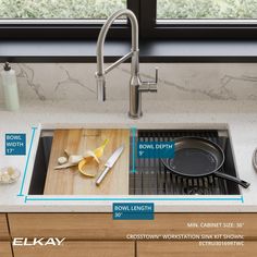 a kitchen sink with measurements for the bowl and strainer