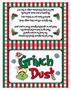 two christmas cards with the words grin dust written in red, green and white checkered paper