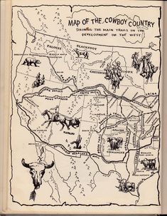 the map of the cowboy country is drawn in black ink on an old book page