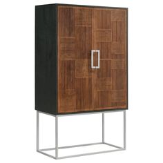 a wooden cabinet with metal legs and an open door