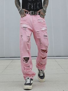 Men's Casual Solid Color Ripped Straight Leg Jeans Pink    Denim Plain,All Over Print Straight Leg Non-Stretch  Men Clothing, size features are:Bust: ,Length: ,Sleeve Length: Pastel Goth Fashion Men, Pink Pants Men, Pink Grunge Outfits, Goth Fashion Men, Grunge Outfits Men, Baggy Pants Outfit, Ripped Straight Leg Jeans, Pants Outfit Men