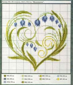 a cross stitch pattern with blue flowers in the shape of a heart