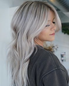 Grey Toned Blonde Hair, Ash Blonde Long Bob, Gray Blonde Balayage, Ashy Blonde Hair Color, Ashy Blonde With Dimension, Ice Ash Blonde Hair, Grey Ash Hair, Grey To Blonde Hair, Ash Blonde Shadow Root