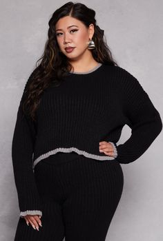 Long Sleeves, Crew Neck, Sweater, Cropped Hem, Contrast Trim, Solid, Ribbed Knit, Item Number 3951056723880 Black Ribbed Sweater For Loungewear, Black Knit Tops For Loungewear, Puma Outfit, Sweater Cropped, Romper And Jacket, Plus Size Sweaters, Girls Pajamas, Girls Jacket, Sweater Black