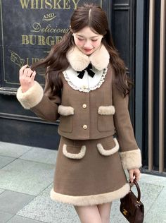 ❤︎ Walnut Far Doll Jacket + Furdable Pocket Skirt❤��︎ Winter Long Sleeve Skirt Suit, Winter Skirt With Pockets, Beige Fitted Skirt Suit For Winter, Winter Mini Skirt With Pockets, Winter Workwear Skirt With Pockets, Fitted Beige Skirt For Winter, Beige Fall Skirt Suit, Fitted Winter Skirt With Pockets, Chic Winter Skirt Suit With Pockets