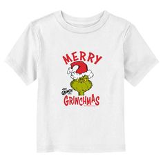 Welcome to the fantastical world of Dr. Seuss! This Christmas Day your baby can celebrate the beloved childhood classic books and movies from every generation with fun new officially licensed apparel for the entire family! This Toddler's Dr. Seuss Grinch Merry Grinchmas Graphic T-Shirt features Grinch wearing a Santa hat with the words: "Merry Grinchmas" in red lettering across the front. Get ready for the rhyming and whimsy of Seussville with this classic apparel today! Dr Seuss Grinch, Books And Movies, Mr Grinch, Merry Grinchmas, Sleeve Packaging, Toddler Christmas, Christmas Day, Classic Books, Dr Seuss