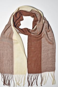 Enjoy this lightweight brown + cream handwoven scarf woven with up-cycled yarns. It's versatile length allows for endless styling options. Let your creativity run wild! Woven with exclusive up-cycled yarns, this scarf features a slub for added texture and a touch of sheen. This scarf's striped pattern creates a beautiful design when draped over the body. Fringe Fabric, Black And White Scarf, Merino Wool Scarf, Hand Painted Scarves, Painted Scarf, Woven Scarves, Handwoven Scarf, Weaving Process, Wool Scarf