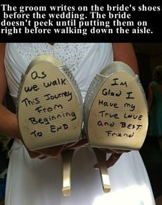 two wedding shoes that have been made to look like they are being held by someone