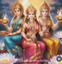 three beautiful women sitting on top of a lotus