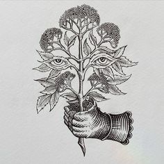 an ink drawing of a hand holding a plant with eyes on it's face