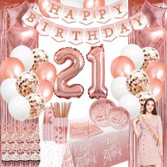 a pink 21st birthday party with balloons and decorations