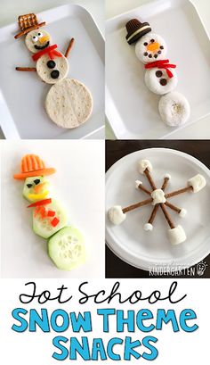 snowmen made out of marshmallows, carrots and other food items