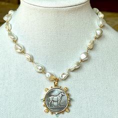 Chunky Porcelain Pearls In White Are So Luxurious Especially With The Chic Horse Coin 16” Elegant Formal Necklace With Horse Design, Luxury Elegant Necklace With Horse Design, Horse Necklace Jewelry, Horse Coin Necklace, Blue Stone Pendant, Pink Statement Necklace, Interesting Jewelry, Cube Necklace, Rhinestone Statement Necklace