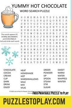 the yummy hot chocolate word search puzzle is shown with words and pictures on it