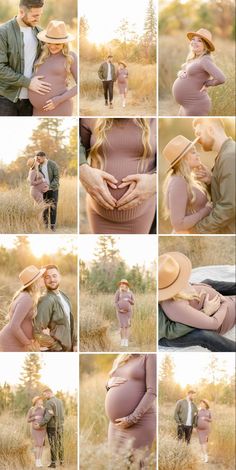 a pregnant woman is holding her husband's belly while they are in the grass