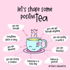 a tea cup with the words, let's share some positivtea