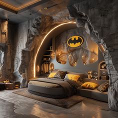 a batman themed bedroom is shown in grey and yellow colors, with an arched bed