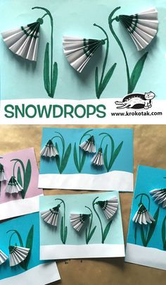 some paper flowers are cut out and placed on top of each other, with the words snowdrops below them