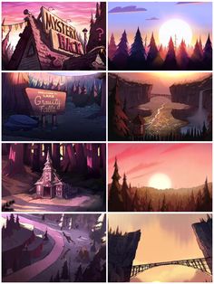 four different scenes from the animated game mystery land