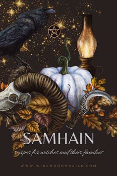 a black bird sitting on top of a white pumpkin next to a ram skull and a lamp