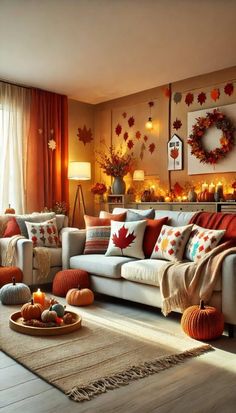 a living room filled with lots of furniture and fall leaves on the wall behind it