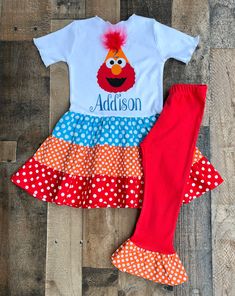 Elmo Birthday Girl Outfit Elmo Dress, Sun Outfit, Bug Clothing, Hat Outfit, Elmo Birthday, Bird Dress, Birthday Girl Outfit, Theme Birthday Party, Twirl Dress