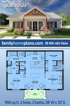 two story house plan with 2 beds, 2 baths and 3 bathrooms