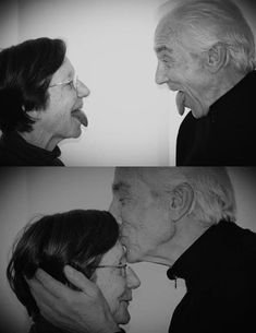 two pictures of an older man and woman kissing each other with their mouths wide open