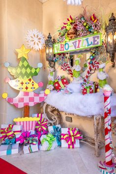 a christmas display with presents and candy canes