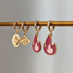 * 18k Gold Plated Creole Earrings with Fire & Flame Glass Enamel Charms  - 2 cm flame charm, 32 mm earring in total Gold Enamel Dangle Hoop Earrings, Enamel Dangle Single Earring, Dangle Enamel Hoop Earrings As Gift, Gold Enamel Drop Earrings, Enamel Dangle Hoop Earrings As Gift, Gold Enamel Hoop Earrings Gift, Gift Enamel Dangle Hoop Earrings, Trendy Gold Enamel Earrings, Gold Enamel Hoop Earring (sold Individually)