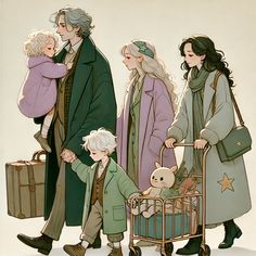 three adults and two children walking with luggage