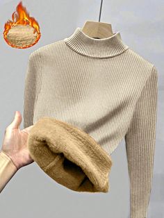 Mock Neck Thermal Lined Ribbed Knit Sweater Khaki Casual  Long Sleeve Fabric Plain Basic Tops Medium Stretch  Women Clothing, size features are:Bust: ,Length: ,Sleeve Length: Shein Brasil, Women Sweaters, Knitting Women Sweater, Ribbed Knit Sweater, Mock Neck Sweater, Basic Tops, Kids Sleepwear, Winter Casual, Color Khaki