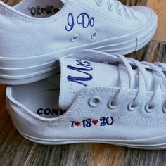 Embroidered Converse Getting Married?  What a great idea. This listing is for Mrs on one shoe last name on other shoe. Also they will have date on the outside of the shoe and I Do on the inside of the shoe  !  Ribbon laces, sheer or satin white available.  Other colors possible please message me your requests!**This listing does not come with pearls. That is additional charge **I will use red hearts in the date unless you specify something else.Other options available in my shop!!Wear these at y White Low-top Wedding Shoes, White Low-top Bridal Sneakers, White Wedding Sneakers With Custom Embroidery, Customizable Low-top Sneakers For Anniversary, Groom Shoes Wedding, Shoe Ribbon, Embroidered Sneakers, Embroidered Converse, Low Top Converse