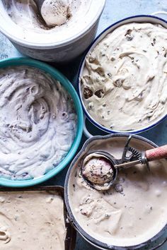 three bowls filled with ice cream next to each other