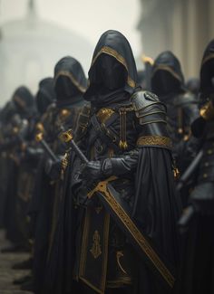 a group of people dressed in black with gold trimmings and hoods on