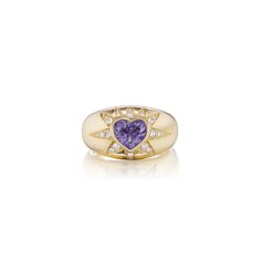 18k yellow gold ring with 0.25 cttw G-H/SI diamonds surrounding a 1.47 ctw heart-shaped iolite. The band is 13 mm wide and tapers to 4 mm. All sales are final. Please see our full cancellations & returns policy here Coil Ring, Special Ring, Gold Signet Ring, 18k Yellow Gold Ring, Jewel Box, Yellow Gold Ring, Jewelry Inspo, The Band, Signet Ring