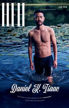 a man standing in the water on top of a magazine cover