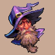 a pixel art image of an old man wearing a witches hat