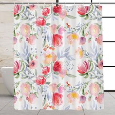 a shower curtain with watercolor flowers on it