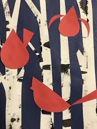 an abstract painting with red birds on blue and white striped background, in the style of birch trees