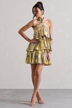 Alecia | Metallic Gold Halter-Neck Ruffle Mini Dress Gowns Aesthetic, Gown Drawing, Black Dress Prom, Black Tie Gala, Strappy Stilettos, Cocktail Attire, Bridesmaid Outfit, Black Velvet Dress, Ruffle Mini Dress