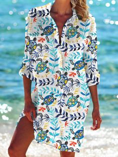 Sea Turtle Plantt Long Sleeve Beach Shirt Dress V-neck Shirt Dress For Beach Season, Casual Multicolor Shirt Dress For Summer, Casual Multicolor Shirt Dress For Beach, Casual Multicolor Shirt Dress For The Beach, Multicolor Summer Shirt Dress For Beach, Long Sleeve Beach Dresses For Vacation, Multicolor Long Sleeve Vacation Dresses, Multicolor Shirt Dress For Beach In Spring, Multicolor Shirt Dress For Beach And Spring