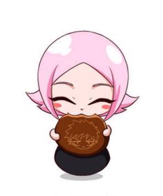 an anime character with pink hair holding a piece of food