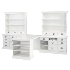 two white dressers with open shelves and drawers on each side, one is empty